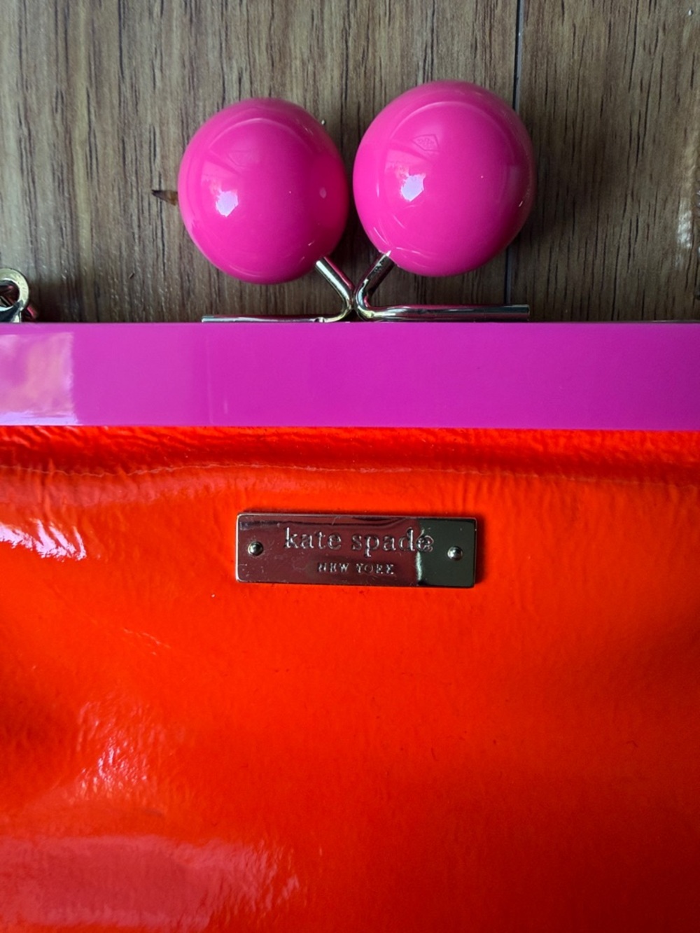Kate Spade Pink & Orange Patent Frame Clutch with Ball Kiss Lock - Picture 2 of 4